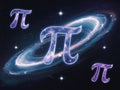 Pi Day background with a galaxy theme and glowing ? elements